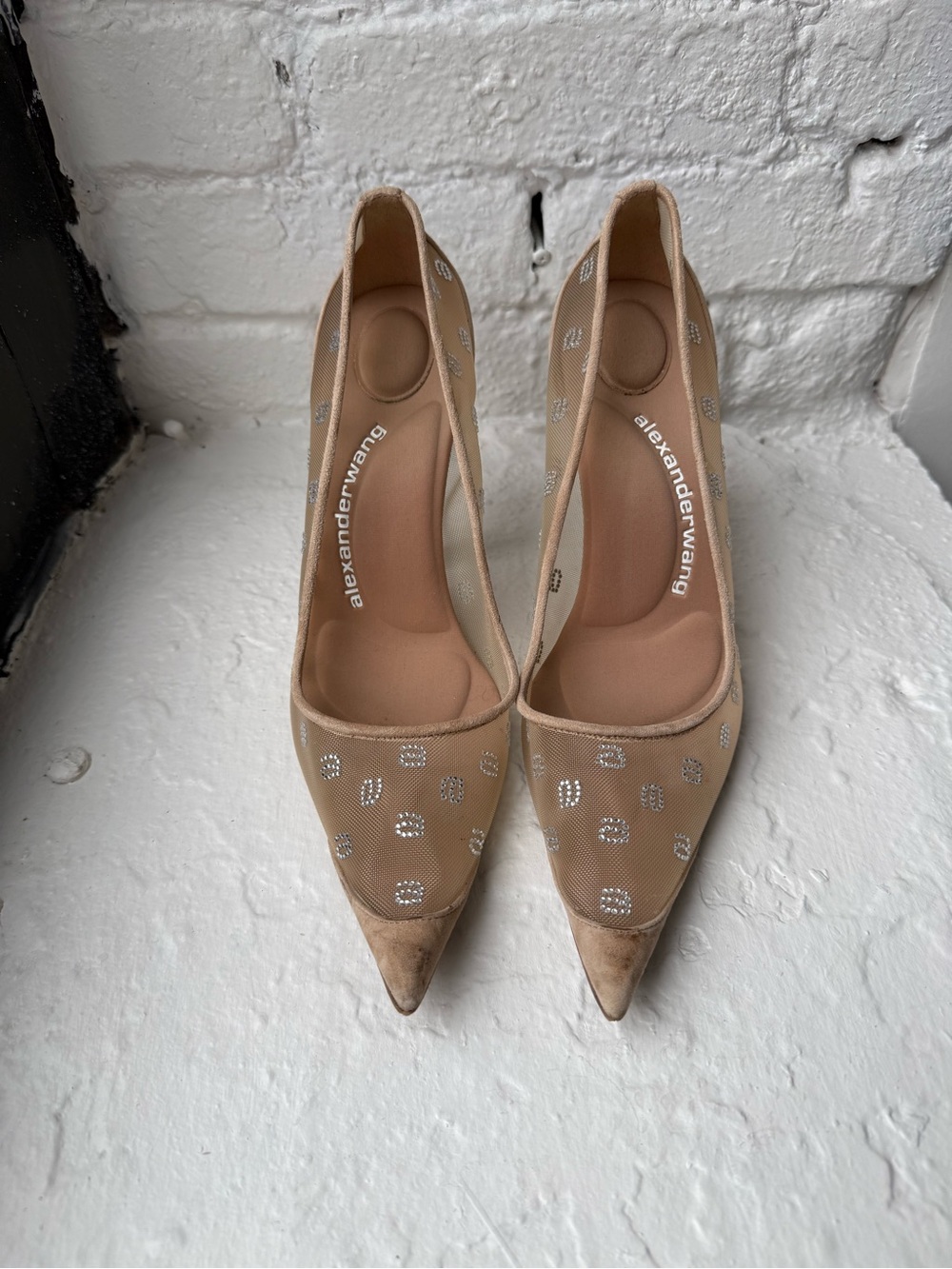 Alexander Wang Beige Mesh Pointed Toe Pumps with Crystal Dots